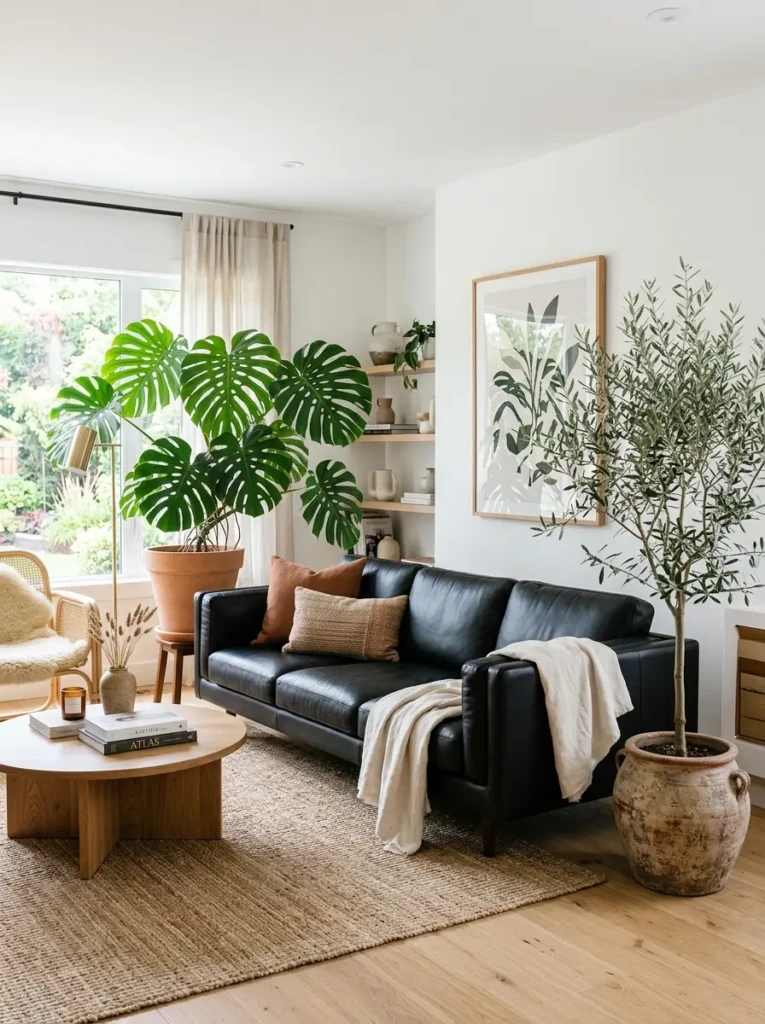 Modern black sofa next to monstera and olive plants in a fresh bright living room.