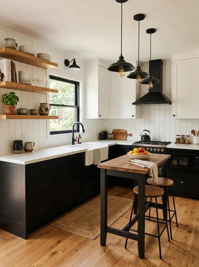 Small farmhouse kitchen with black lower cabinets, white uppers, and matte black pendants.