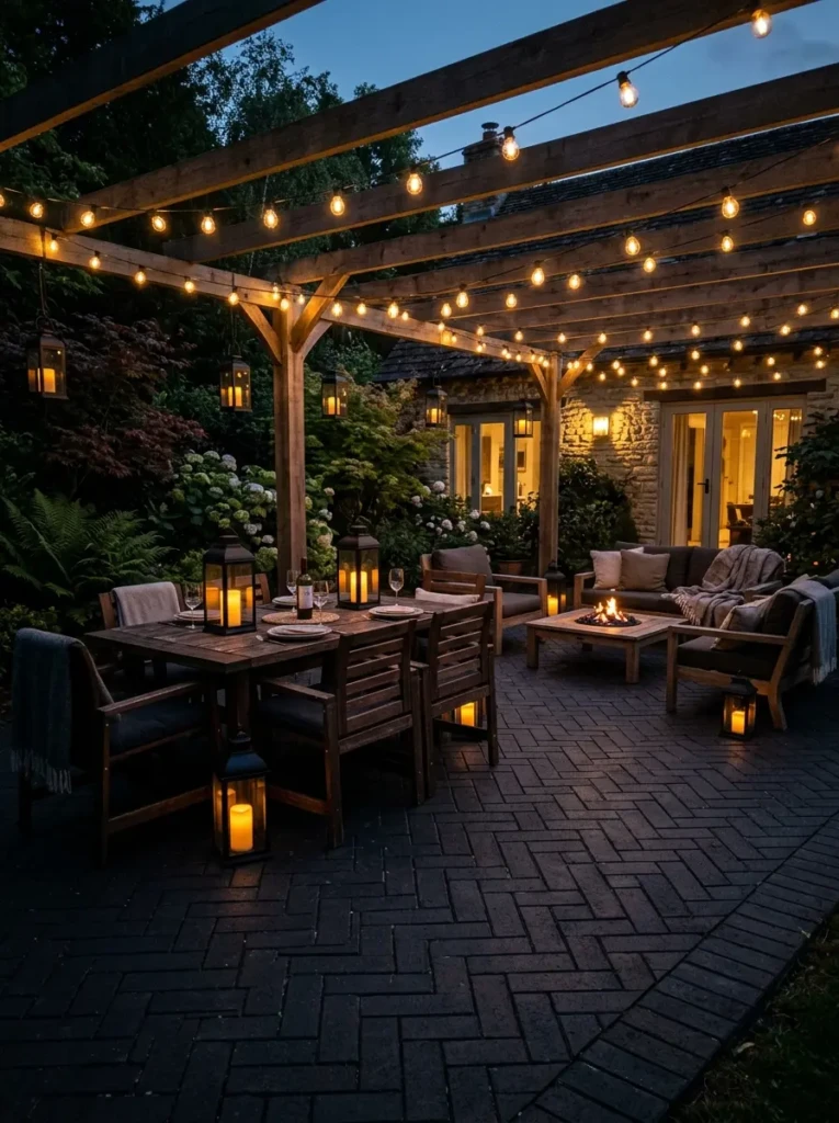 Matte black pavers combined with string lights and wooden furniture for a dramatic patio design