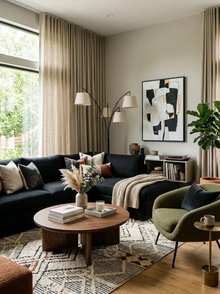 Black sectional sofa with round coffee table, sculptural lamp, and textured curtains.