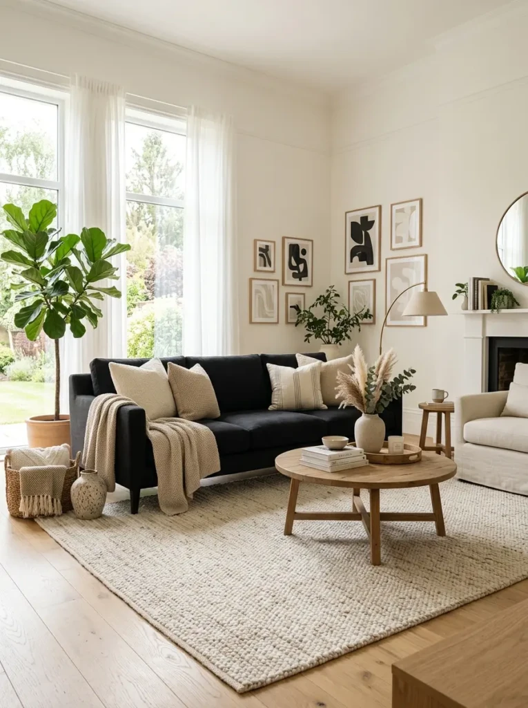 Black sofa placed on a large cream rug in a bright neutral living room.