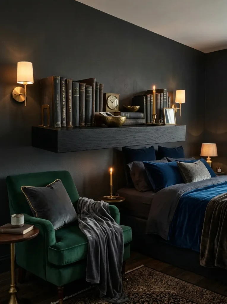 Black stained oak floating shelf paired with velvet textures and brass accents in a rich bedroom.