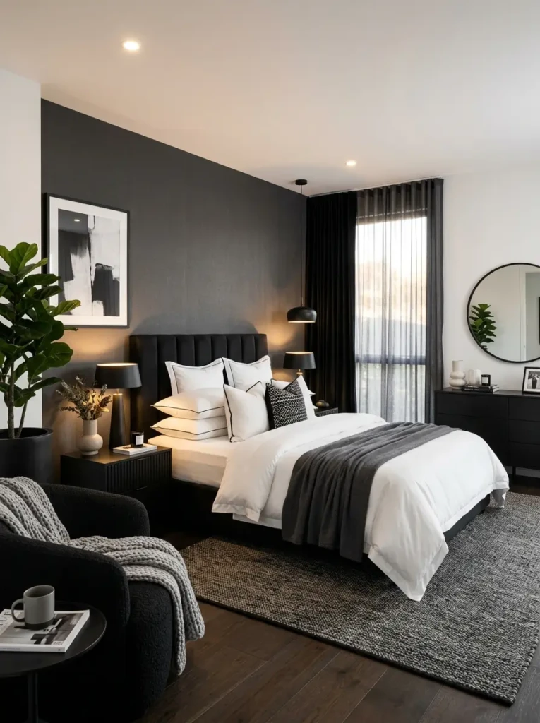 Elegant black and white bedroom with white bedding, black furniture, and warm ambient lighting.