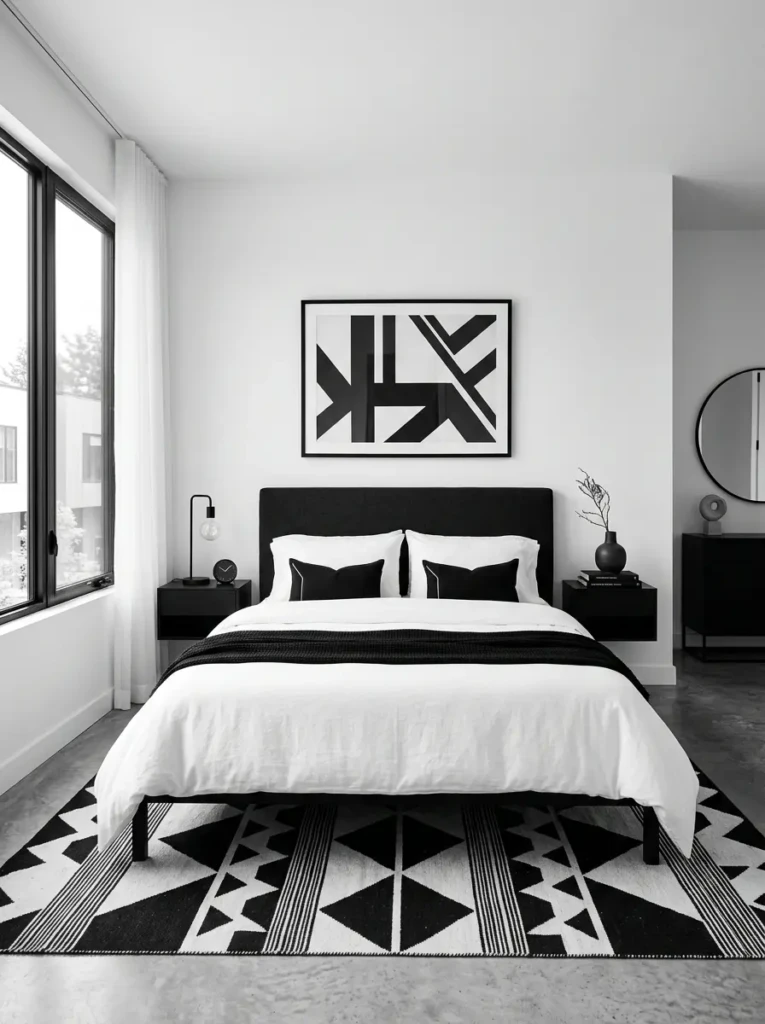 A minimalist bedroom with black and white color contrast, clean lines, and modern decor creating a stylish and balanced masculine look.