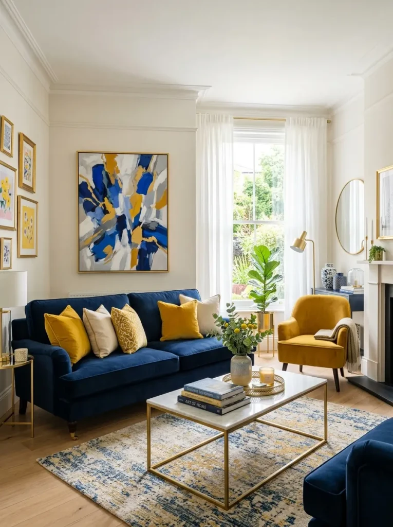 A chic living room with a navy sofa, mustard cushions, gold accents, and cheerful blue and yellow decor.