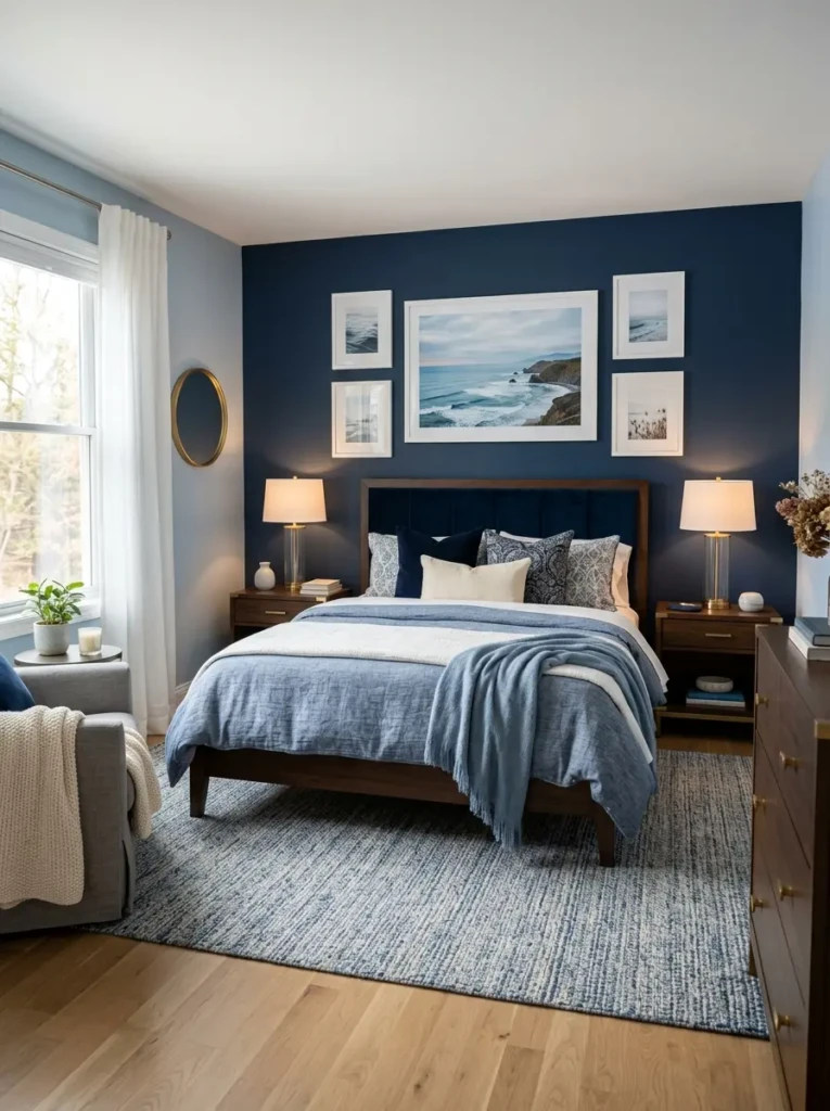 Elegant blue bedroom with navy accent wall, ocean posters above the bed, white bedding, and soft warm lighting.