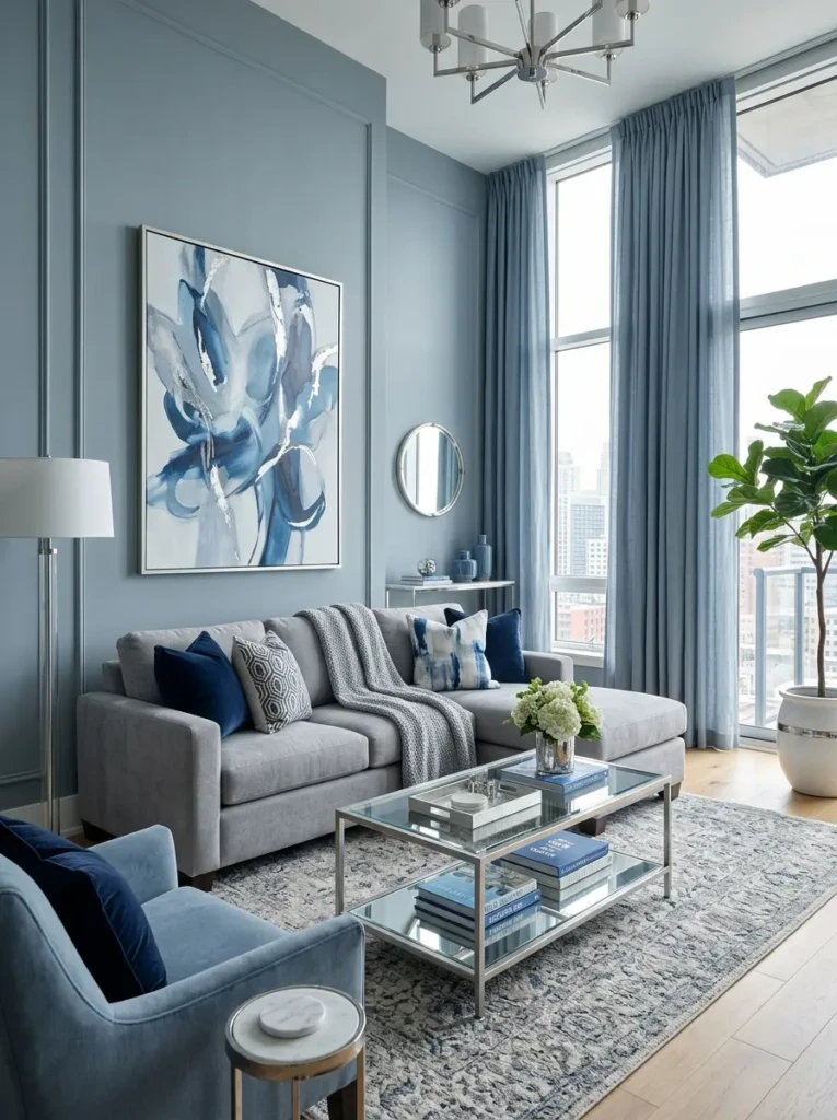 Elegant grey couch styled with navy pillows, blue curtains, and abstract blue wall art.
