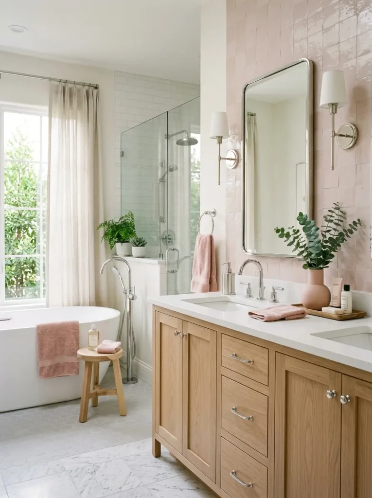 A small bathroom with blush accents, chrome fixtures, and light wood textures in a cohesive palette