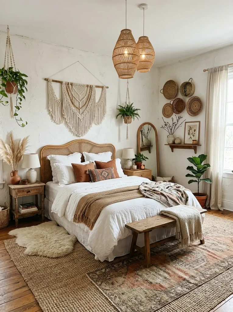 White boho bedroom with macrame wall art, woven baskets, layered rugs, and rattan lighting.