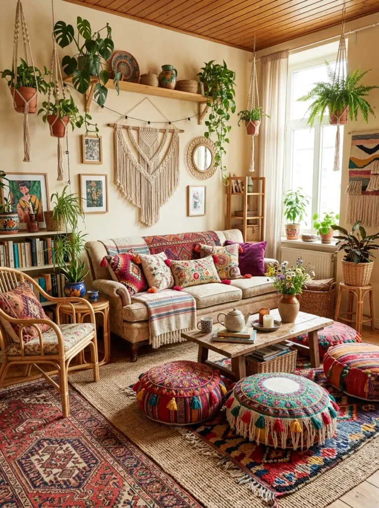 Boho-style colorful living room with woven rugs, floor cushions, cane furniture, hanging plants, and layered textiles.