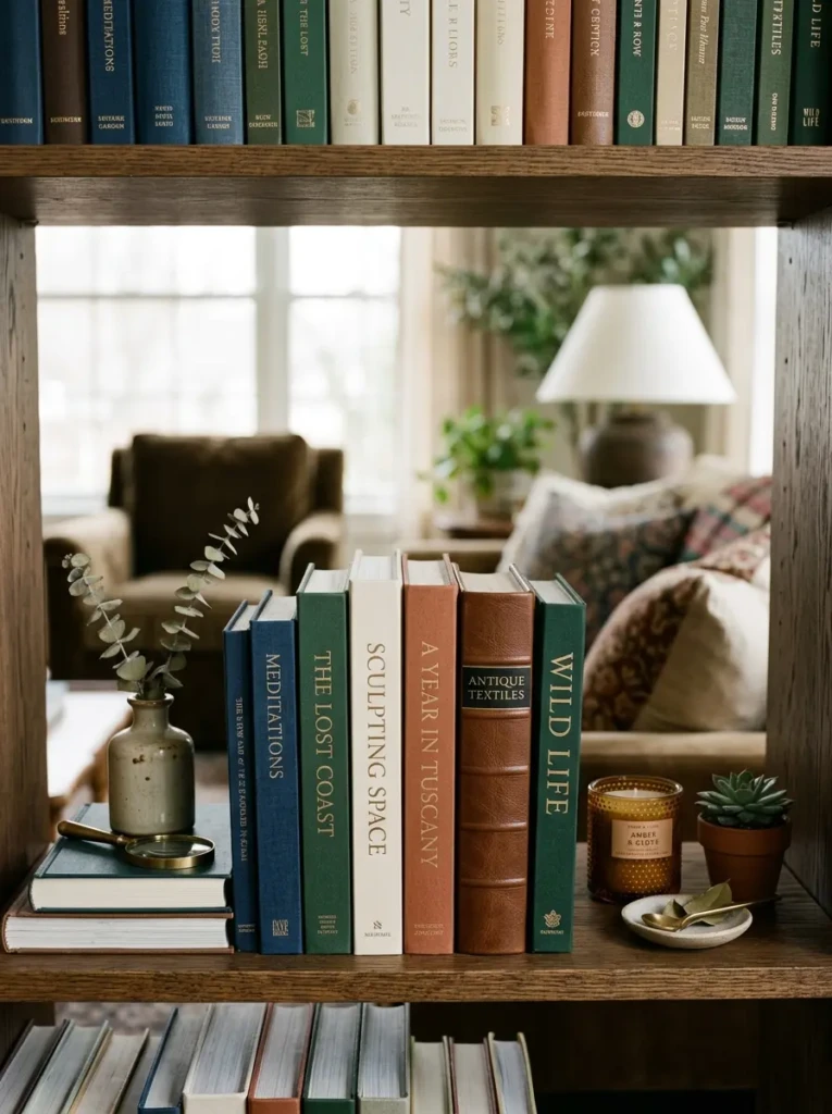 Premium hardcover books arranged neatly by size and color on an elegant shelf.