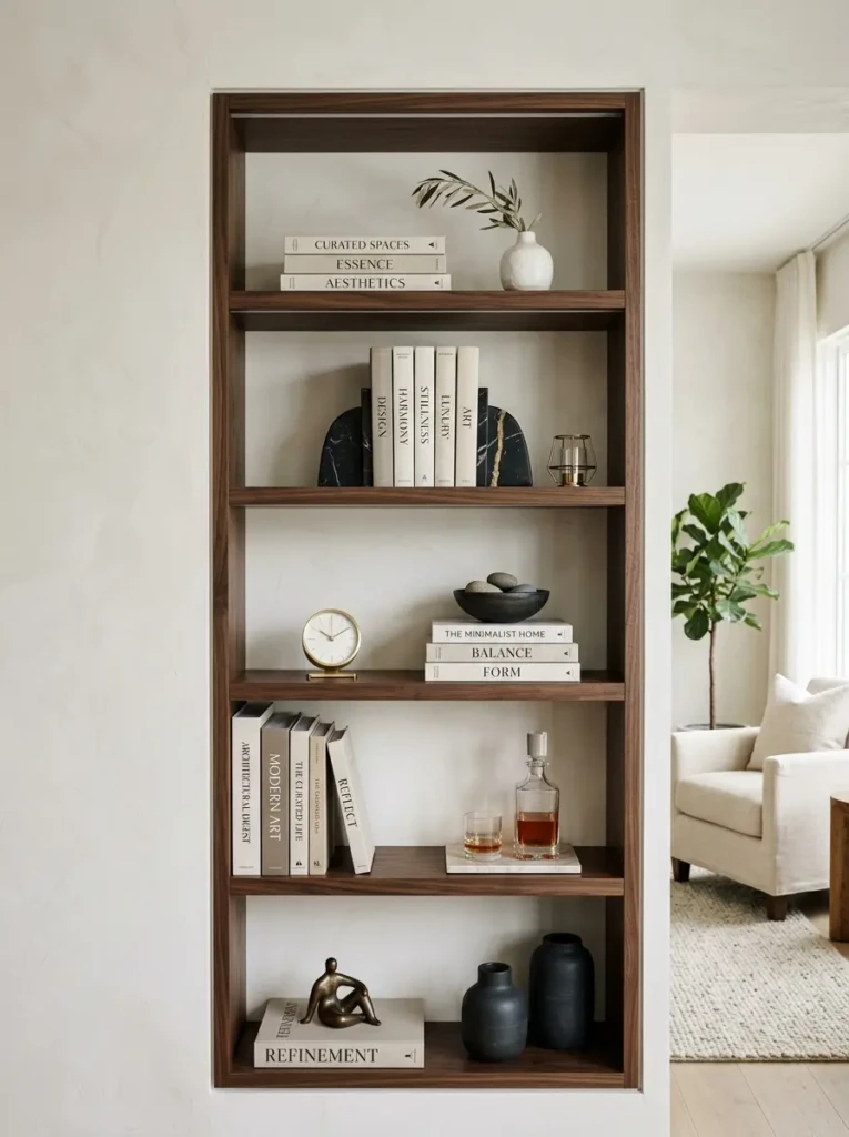Simplified bookshelf with fewer decor items and clean balanced styling.