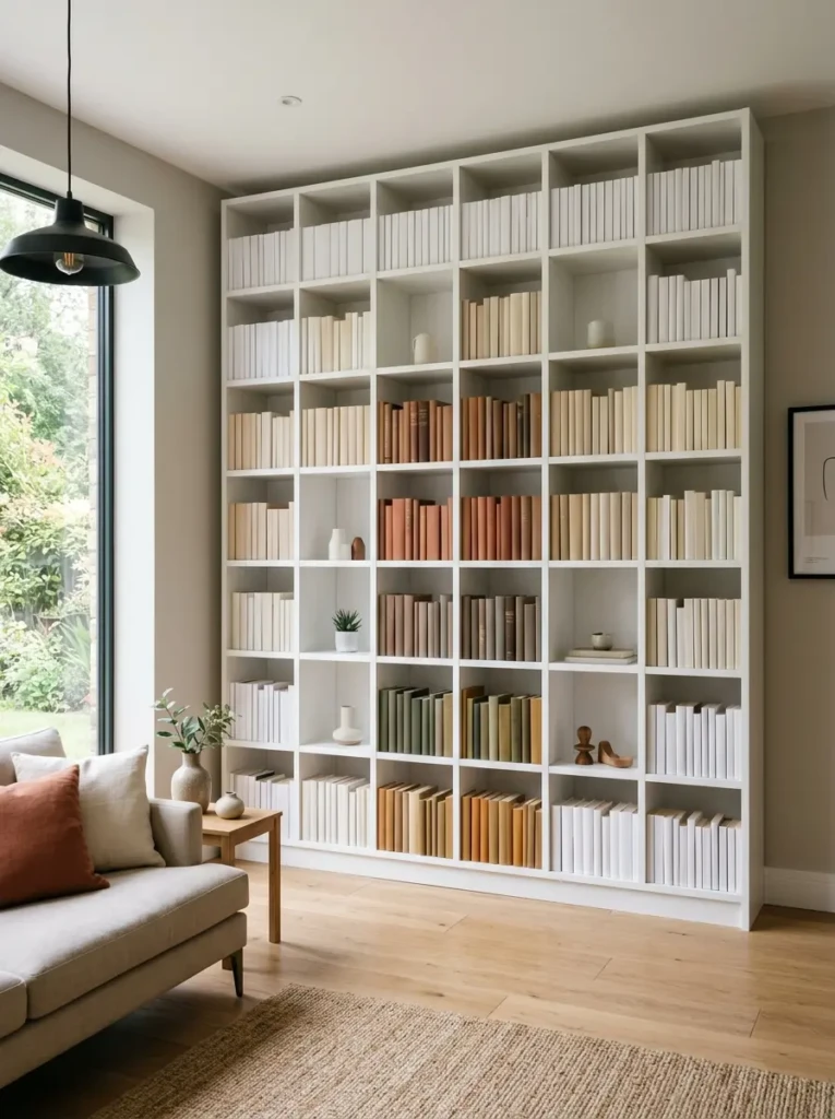 Contemporary bookshelf organized by white, beige, and earth-tone book colors.