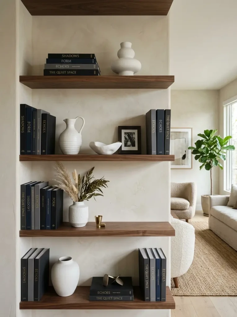 Dark books balanced with white ceramics and open shelf space.
