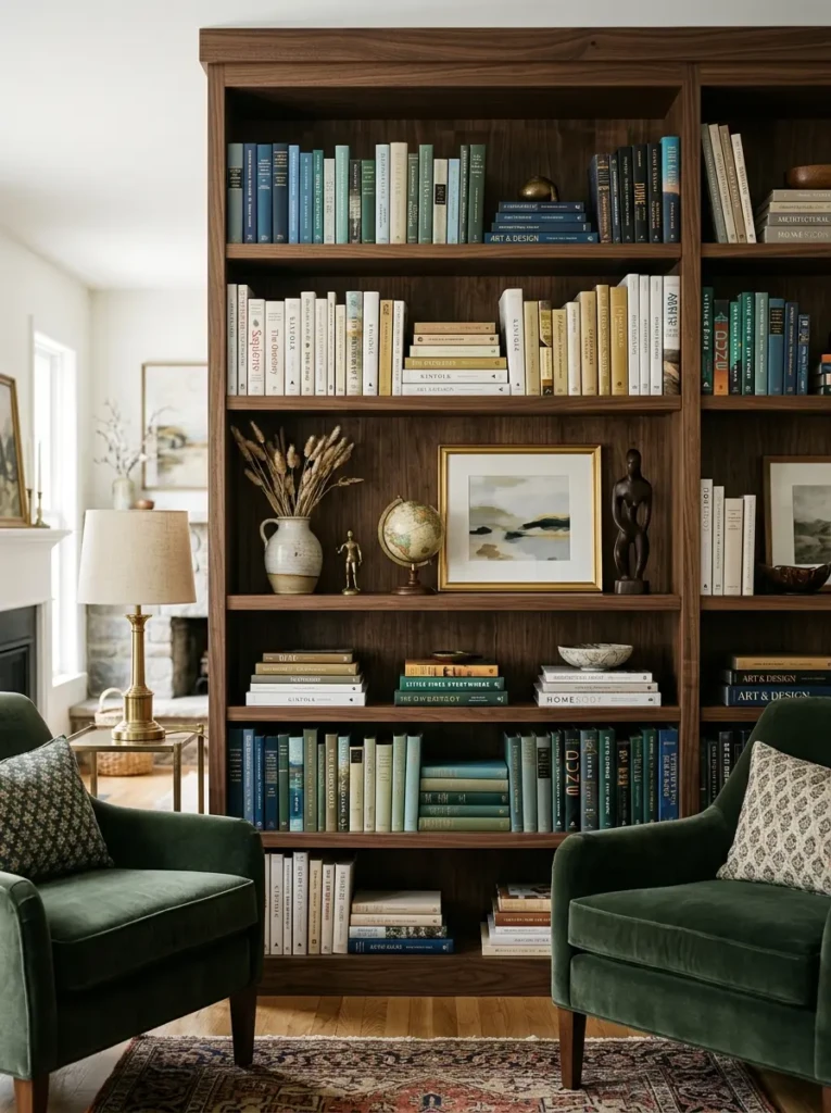 Sophisticated bookshelf with balanced books and decor in a timeless interior.
