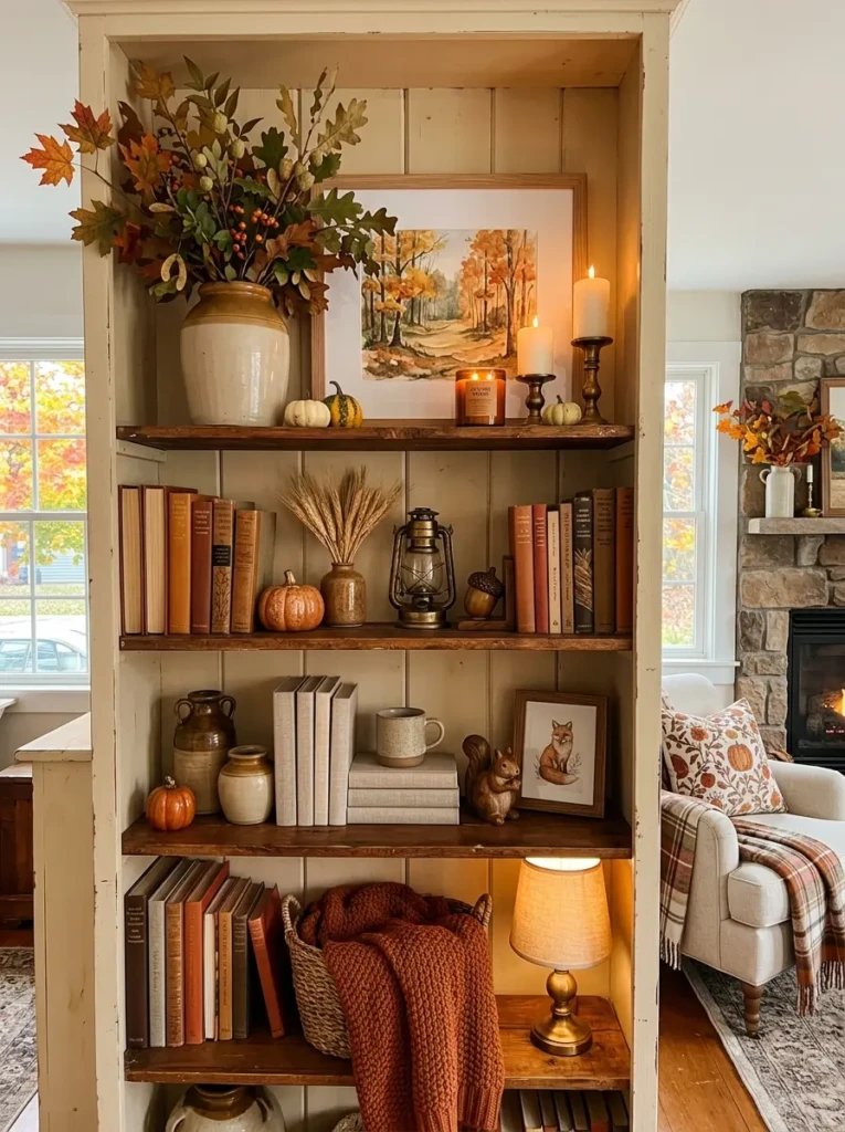 Cozy bookshelf updated with autumn branches, candles, and seasonal decor accents.