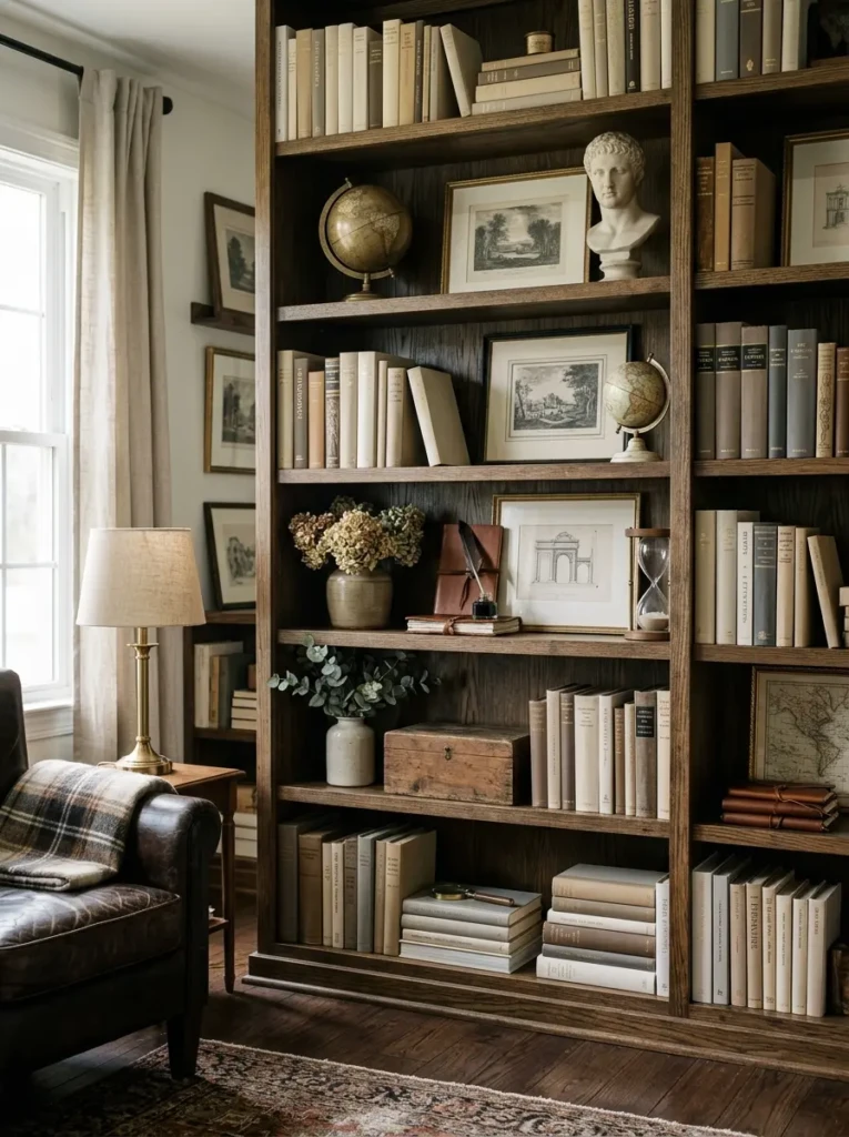 Organized bookshelf with neutral books and elegant home accessories