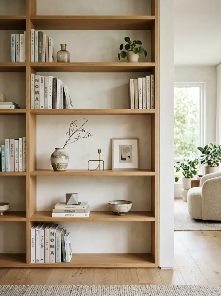 Clean bookshelf styling with negative space, selected books, and minimal accessories.