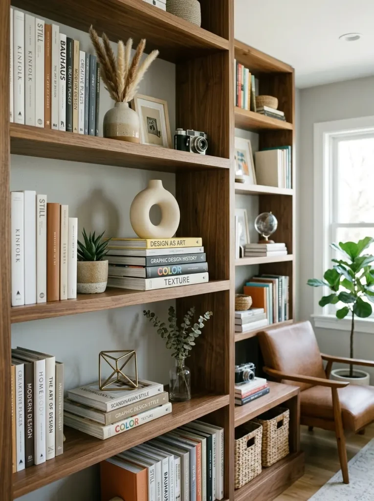Modern shelf design using upright books and horizontal stacks with decorative objects.