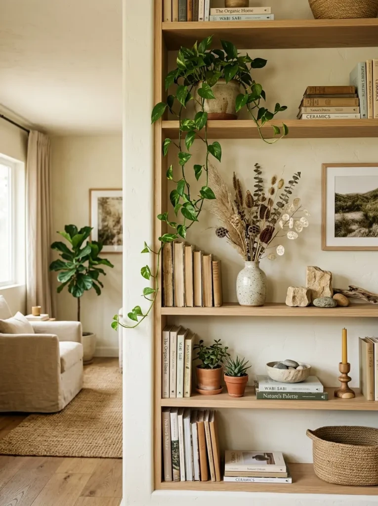 Elegant bookshelf featuring trailing plants, dried stems, books, and stone decor.