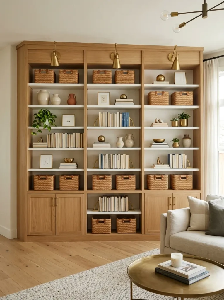 Built-in bookshelf with repeated baskets, brass accents, and cohesive decor placement.