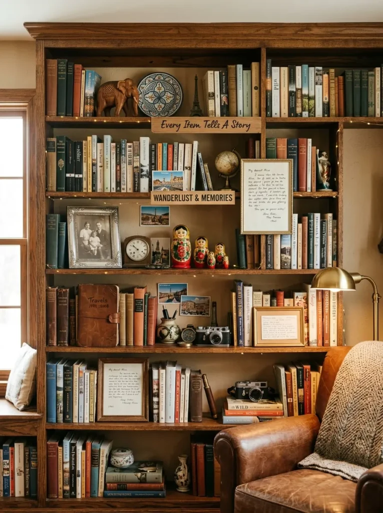 Bookshelf featuring souvenirs, heirlooms, framed notes, and vintage collectibles.