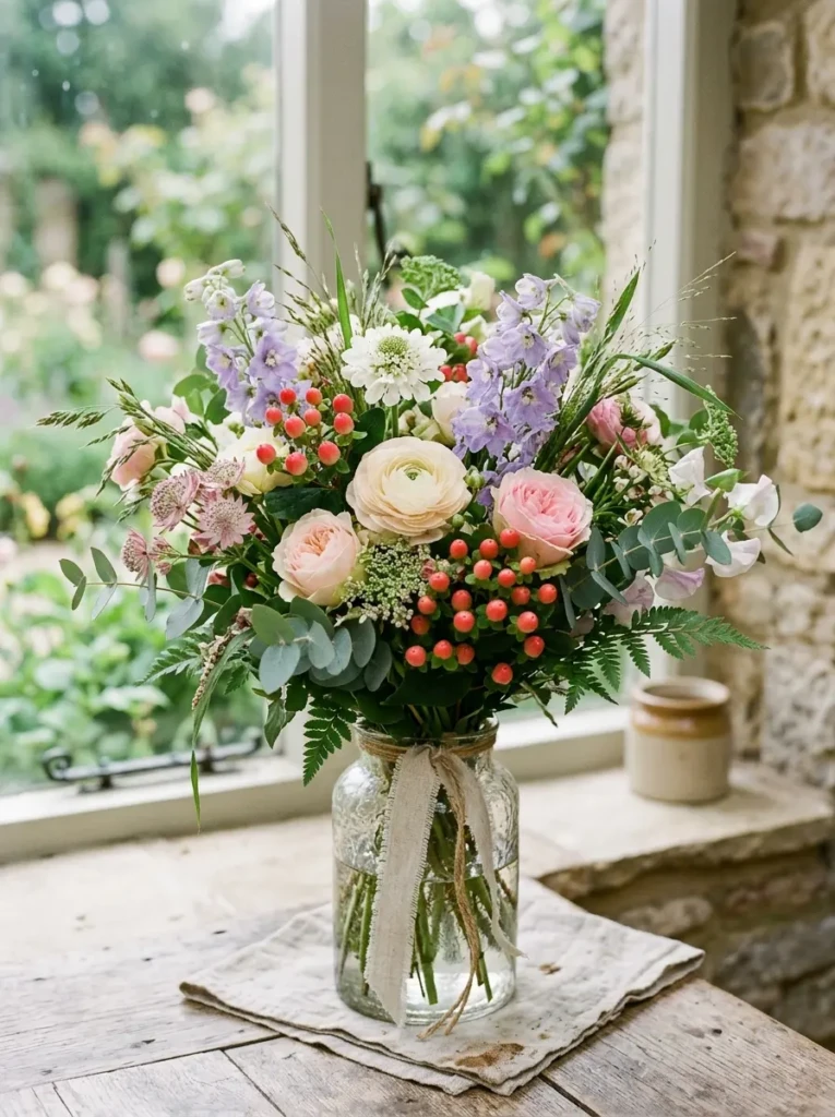 Bouquet featuring hypericum berries and soft blooms in natural light with elegant styling