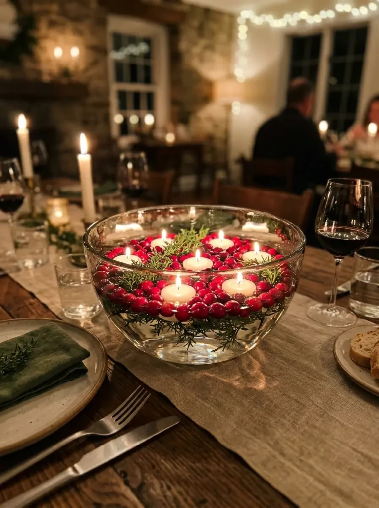 A glass bowl with floating candles and cranberries glowing warmly as a simple Halloween table decoration