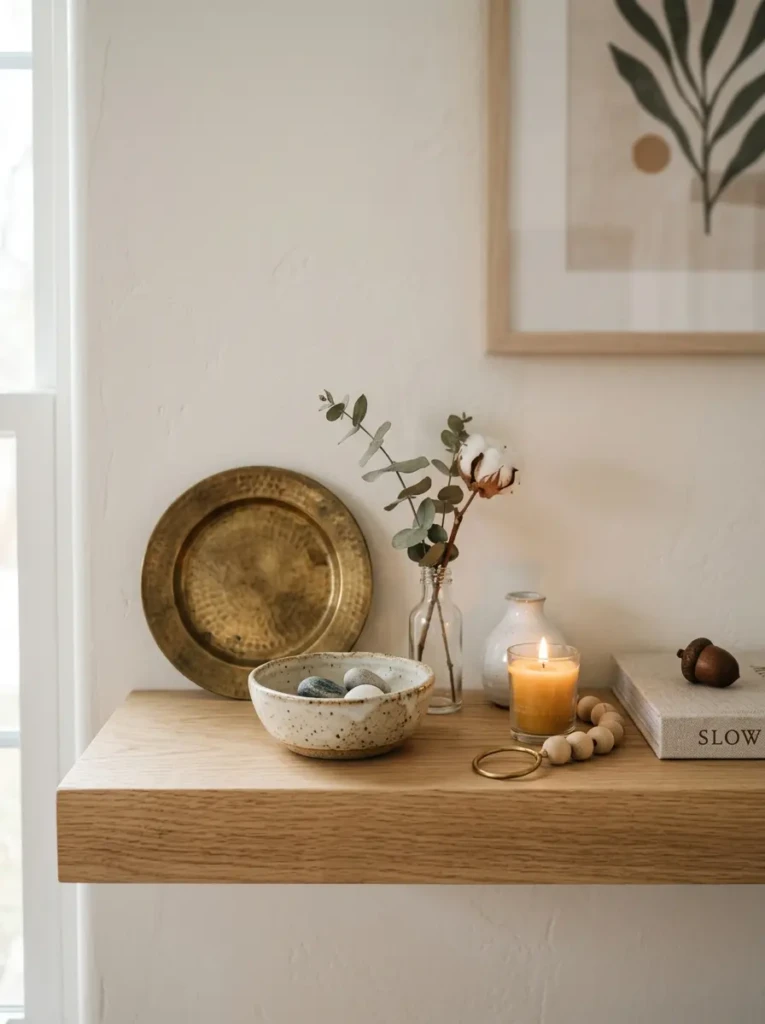 Brass plate and ceramic bowl used to organize tiny decor accents on a shelf.