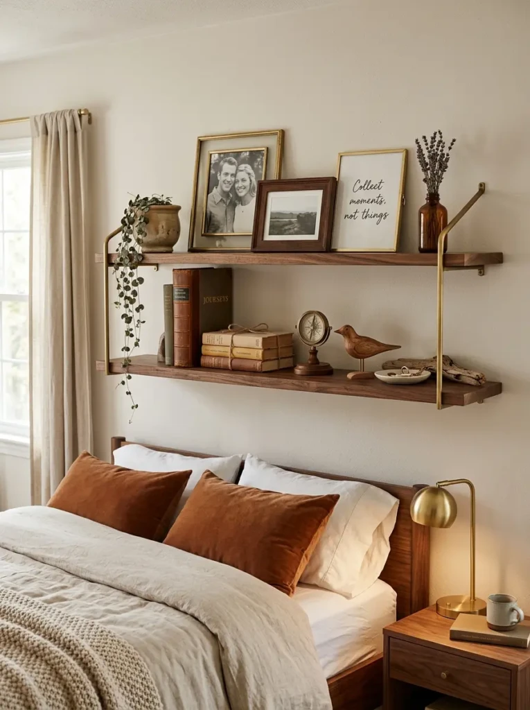 A floating shelf with meaningful decor pieces, matching frames, and warm wood and brass finishes.
