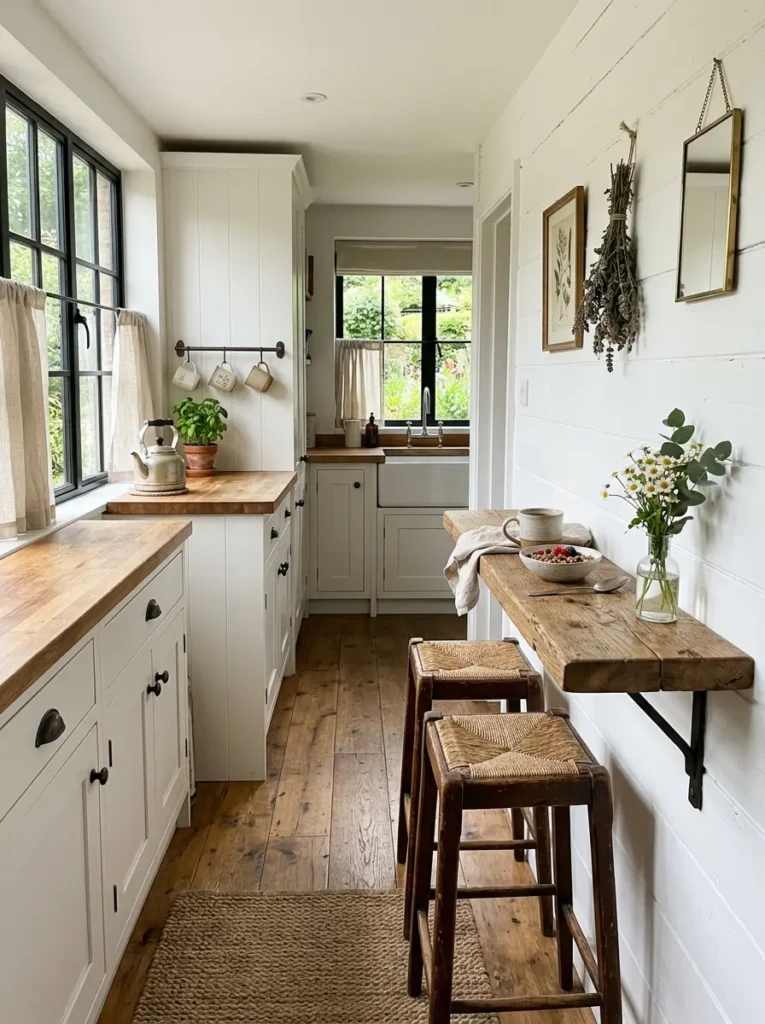 A wall-mounted breakfast ledge with stools adds café-style charm to a narrow small farmhouse galley kitchen.