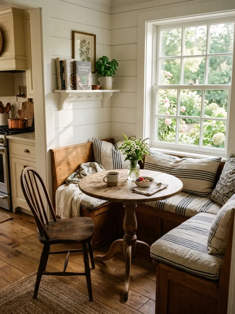 Small breakfast nook with round table, bench, cushions, and morning light.