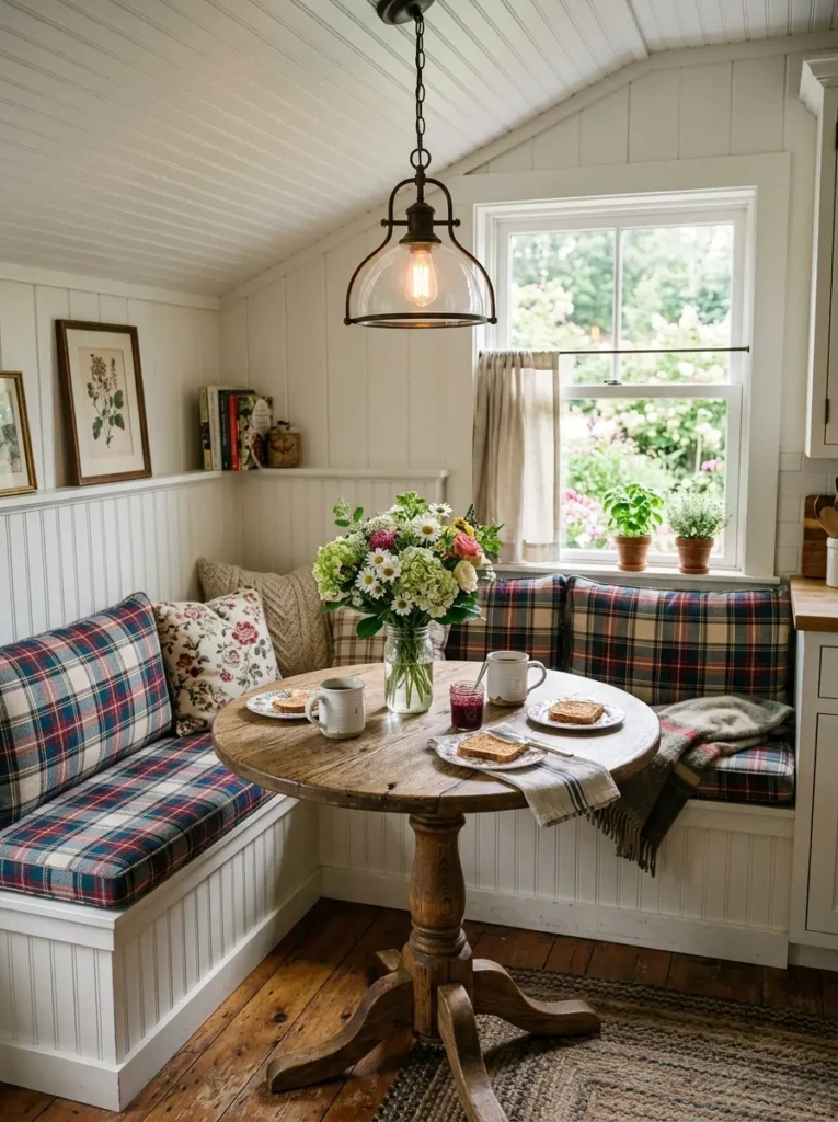 Cozy breakfast nook with a small round farmhouse table, bench seating, cushions, pendant light, and flowers.