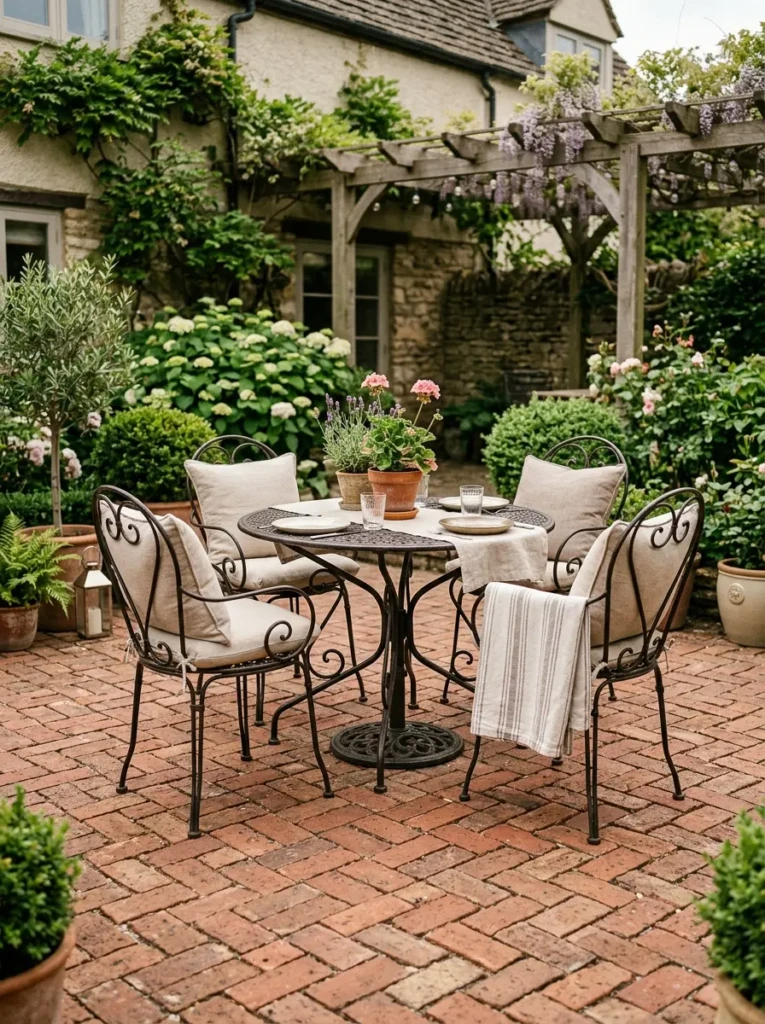 Brick pavers arranged in a basketweave pattern with wrought iron furniture and neutral cushions