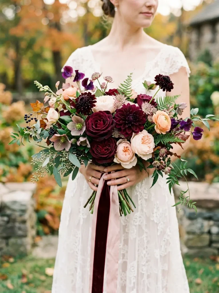 Bridal bouquet featuring burgundy, plum, and blush flowers tied with a velvet ribbon and soft greenery accents