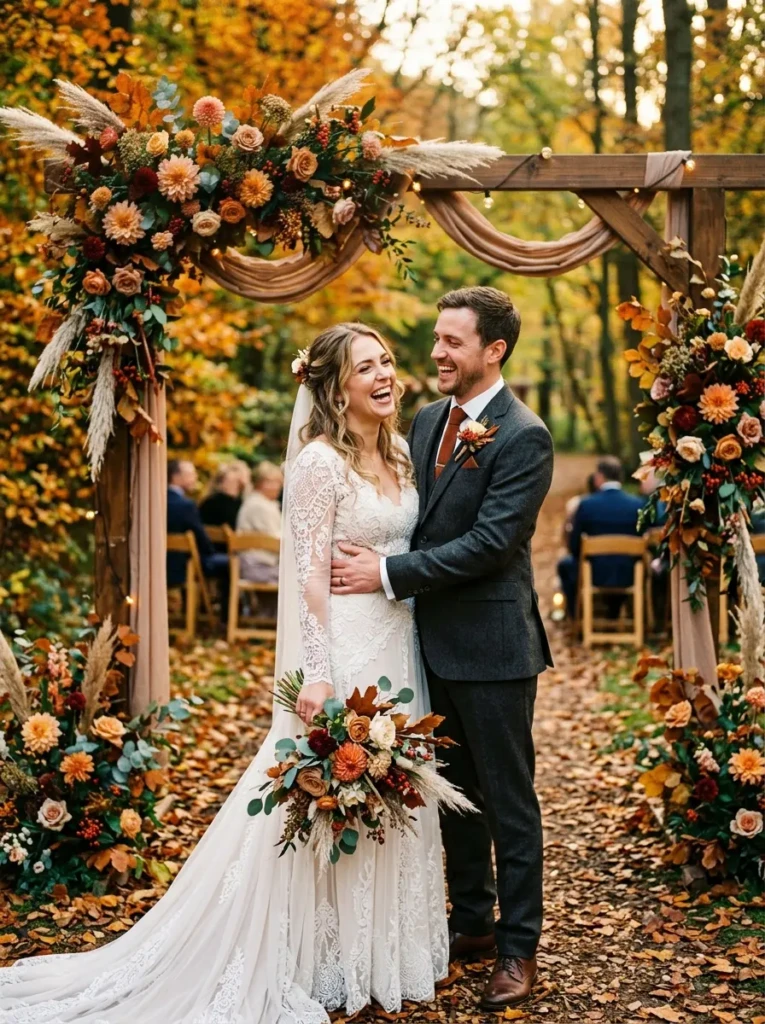 Bride and groom smiling together in an autumn setting with floral decorations and warm tones