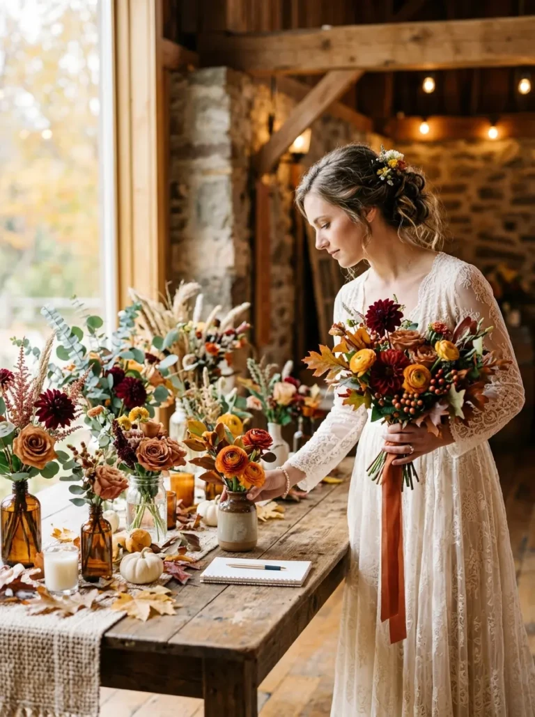 Bride thoughtfully looking at different fall wedding flower options arranged on a rustic table in soft natural light