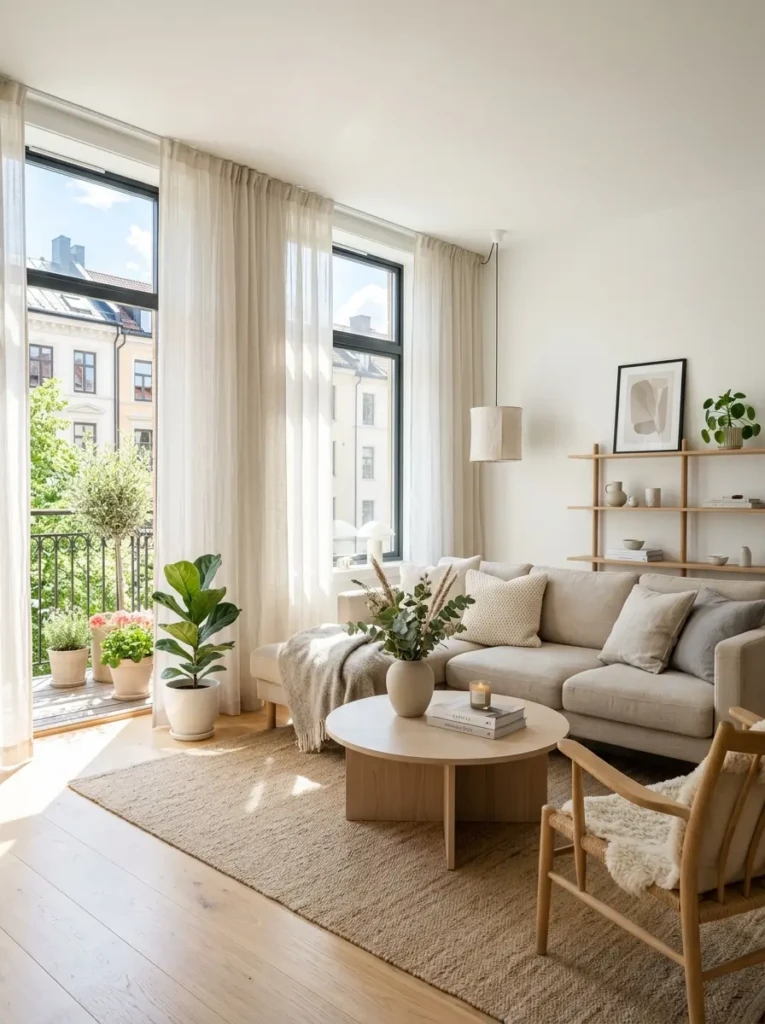 Bright apartment light living room with white walls, beige sofa, sheer curtains, pale wood furniture, and natural sunlight.
