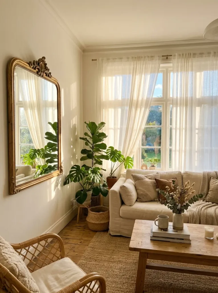 Light-filled room with sheer curtains, soft shadows, and warm golden sunlight creating an airy and peaceful space