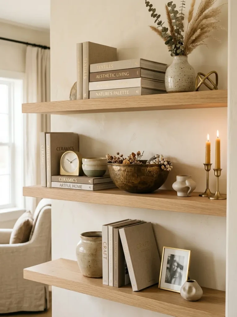 Bronze bowl and brass accents paired with linen books and ceramics on floating shelves.