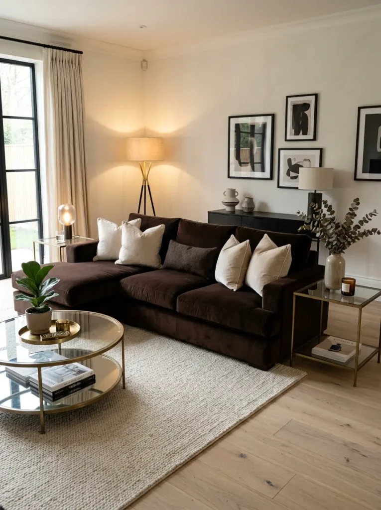 Sophisticated dark brown couch in a living room with white walls, cream pillows, glass tables, and soft ambient lighting.