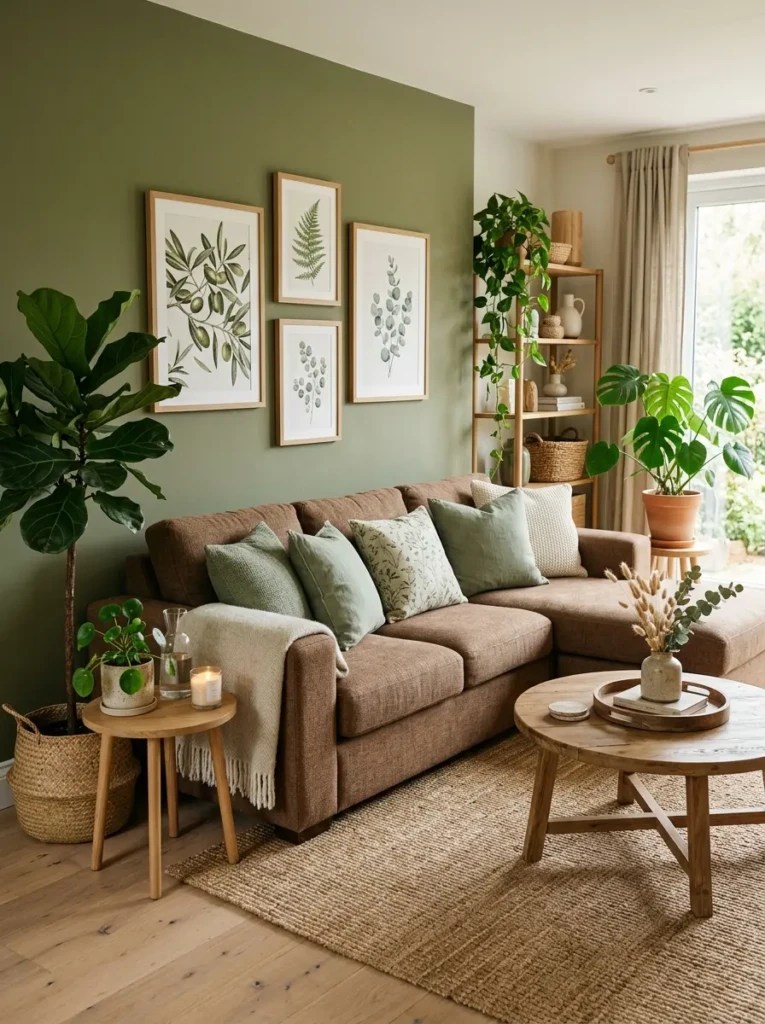Brown couch styled with sage green pillows, indoor plants, olive artwork, and natural wood accents.
