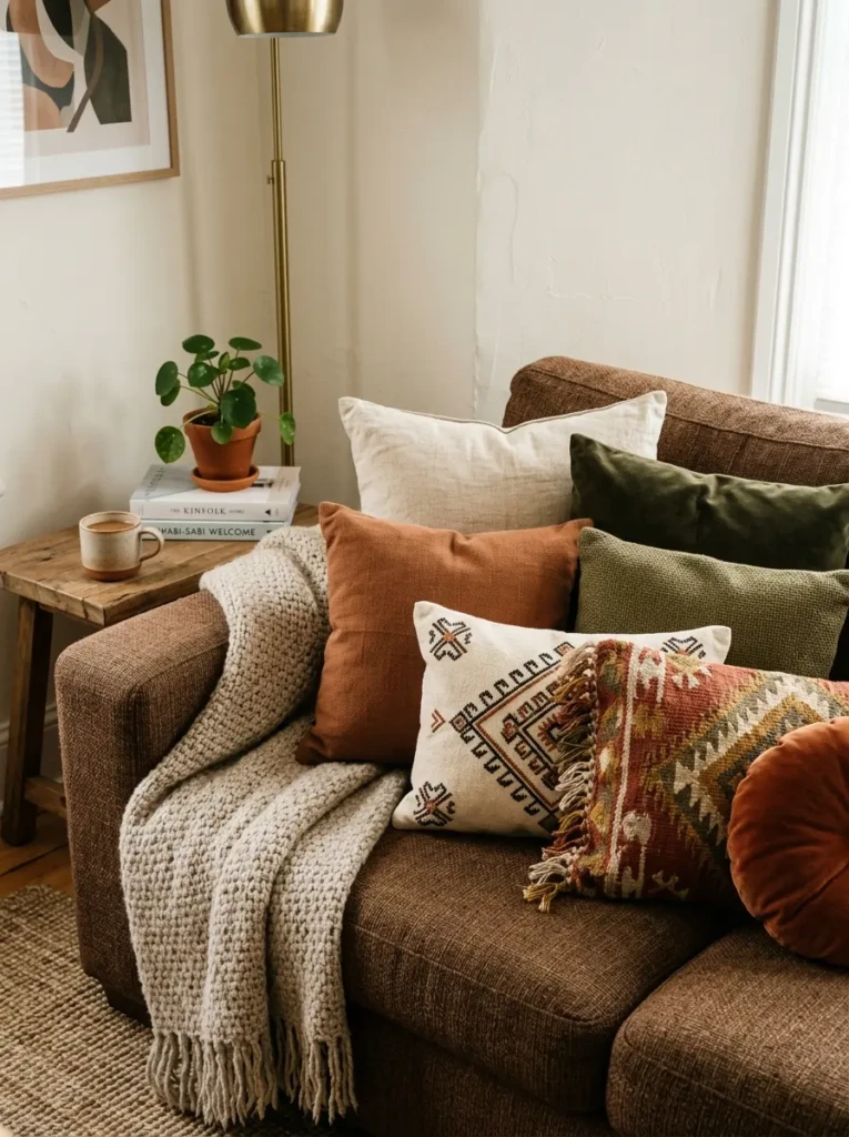 Brown couch styled with cream, olive, rust, and textured cushions in a cozy layered arrangement.