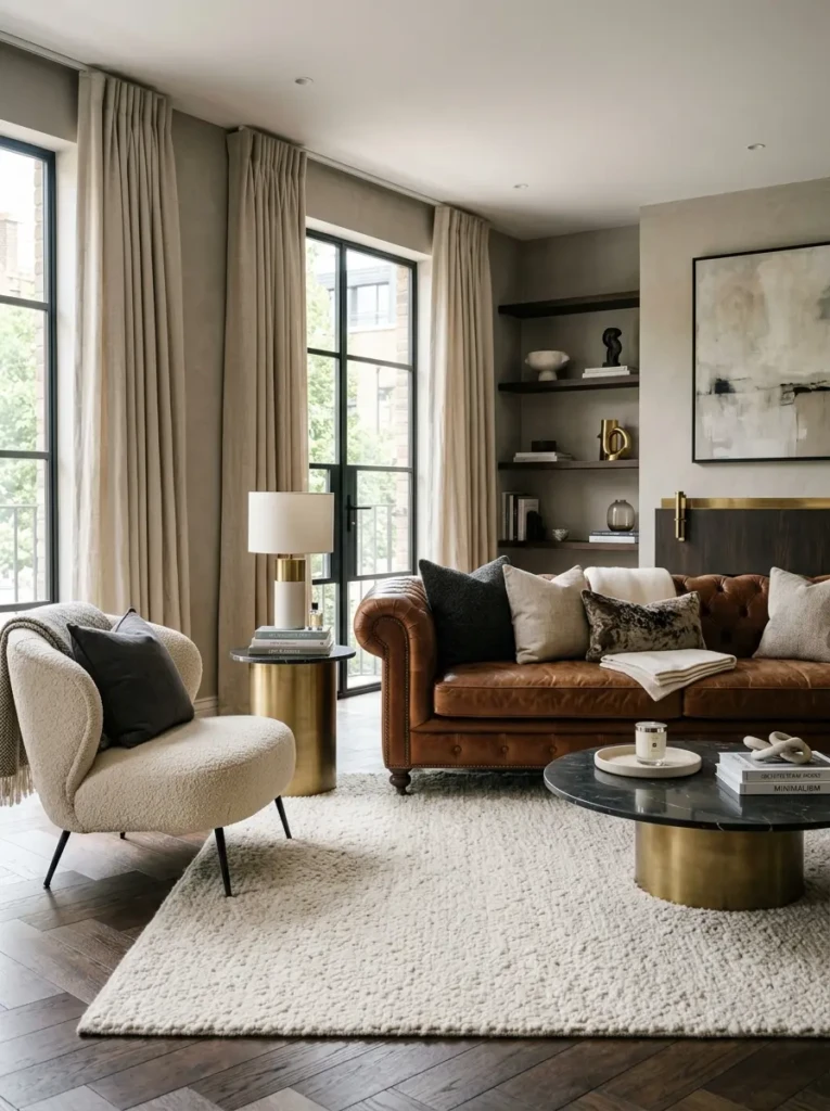 Brown leather sofa in a luxurious modern living room with boucle chair, ivory rug, and linen curtains.