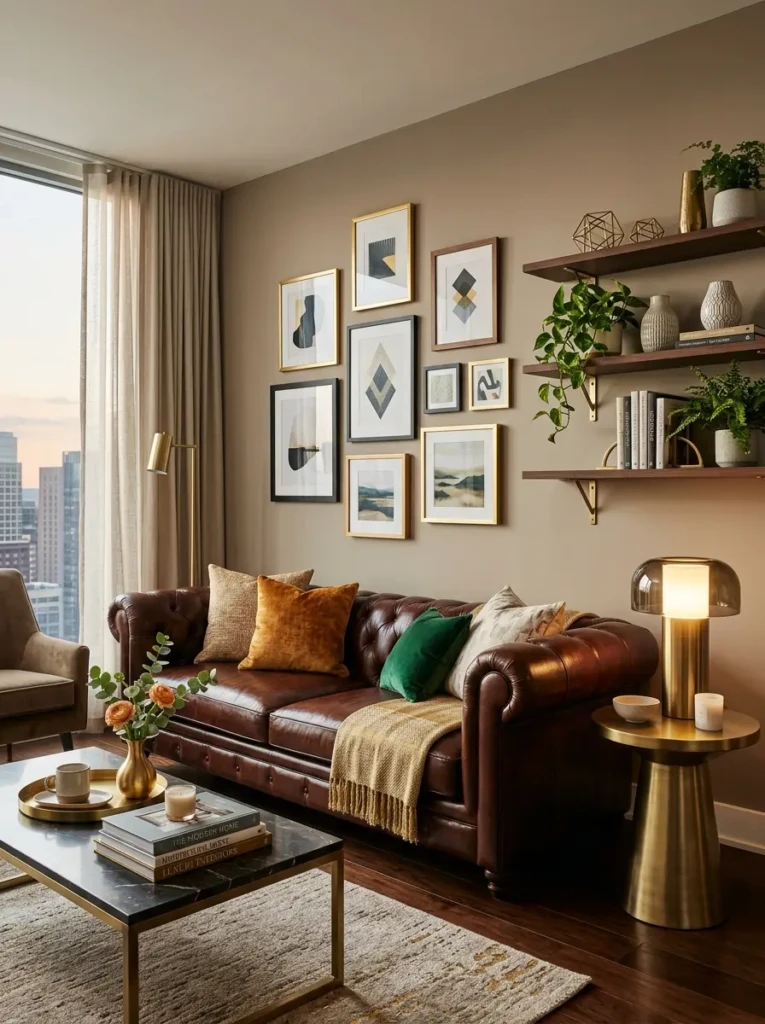 Elegant brown sofa living room decor with gold accents, framed wall art, floating shelves, sculptural lamps, and styled coffee table.