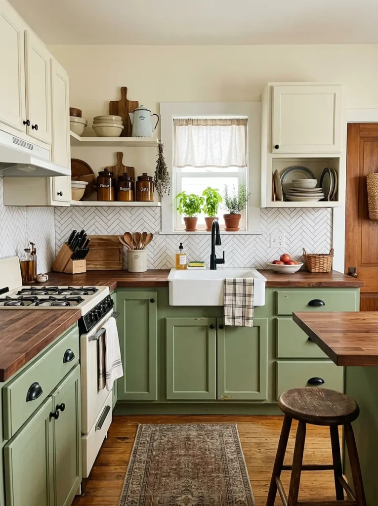 Affordable small kitchen makeover with painted cabinets, butcher block counters, and rustic decor.