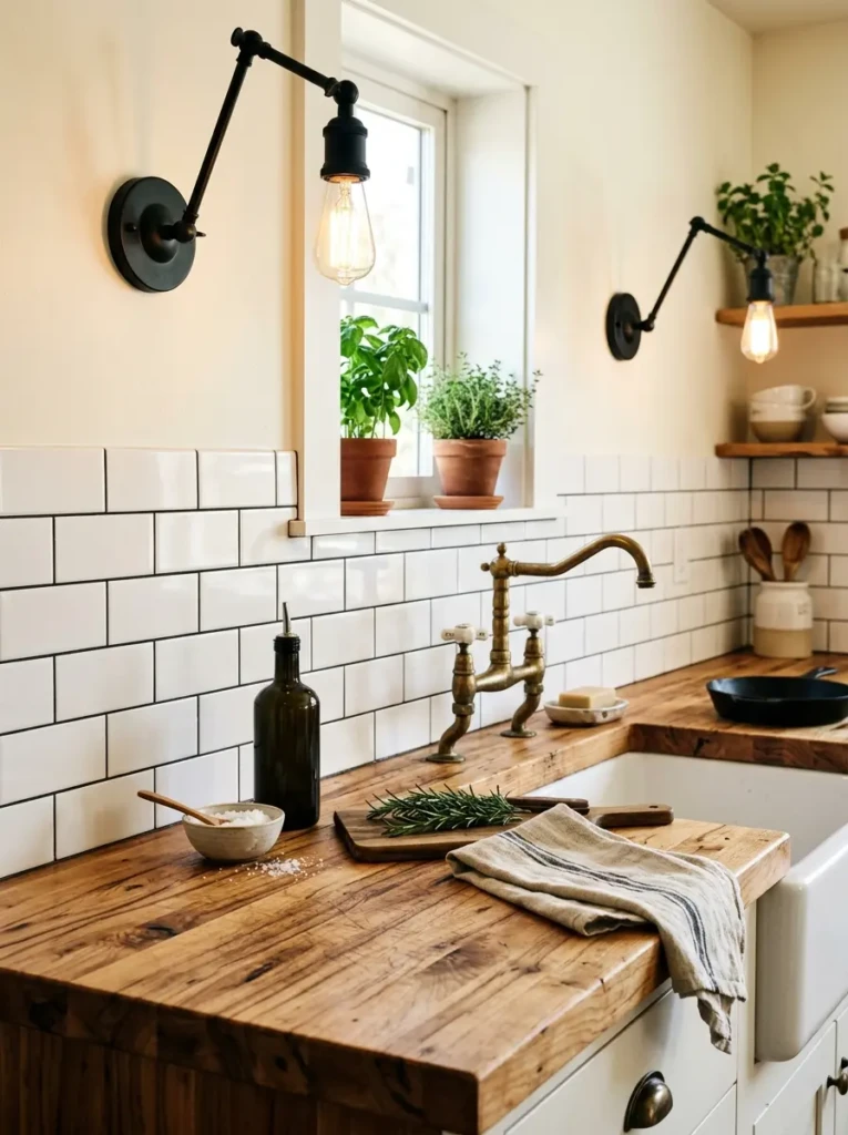 Close-up of butcher block countertop in a small modern farmhouse kitchen.