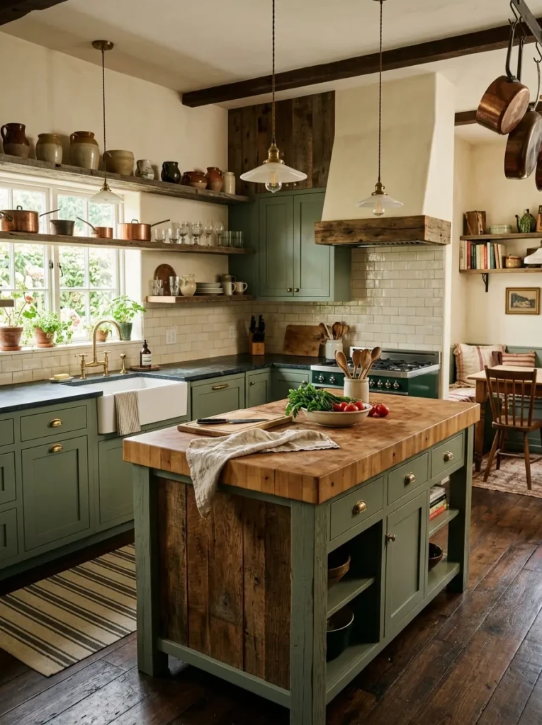 A butcher block island paired with painted cabinets and reclaimed wood accents in a cozy kitchen.