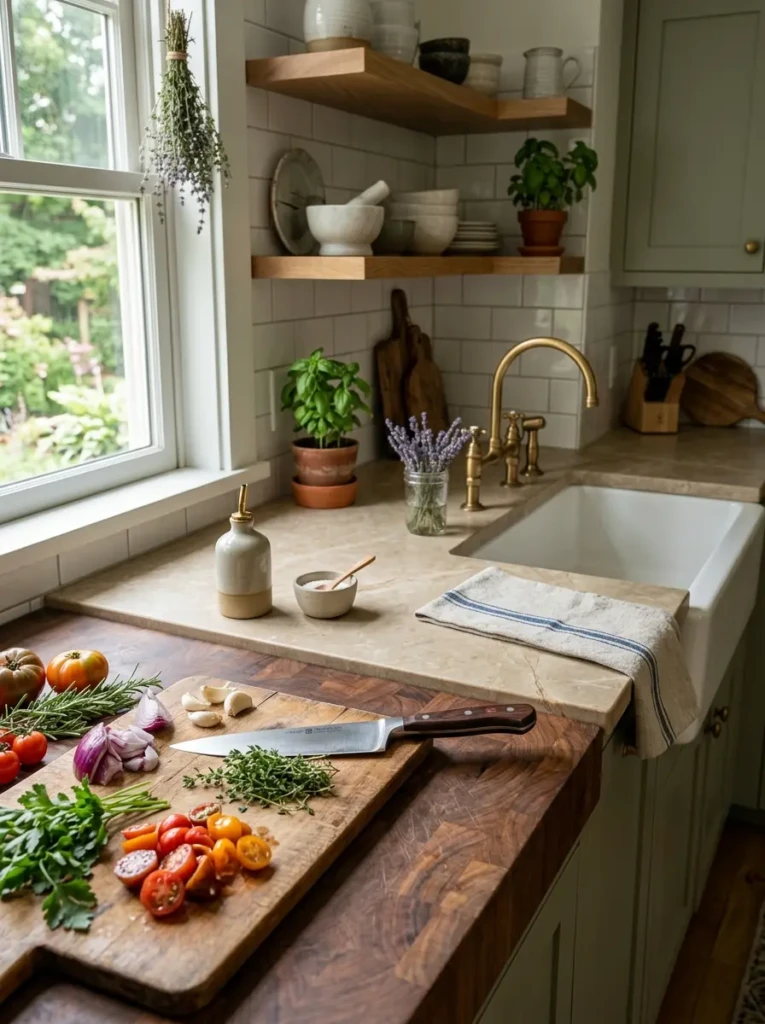 A detailed kitchen prep area featuring sealed butcher block counters, practical workspace, and warm wood textures.