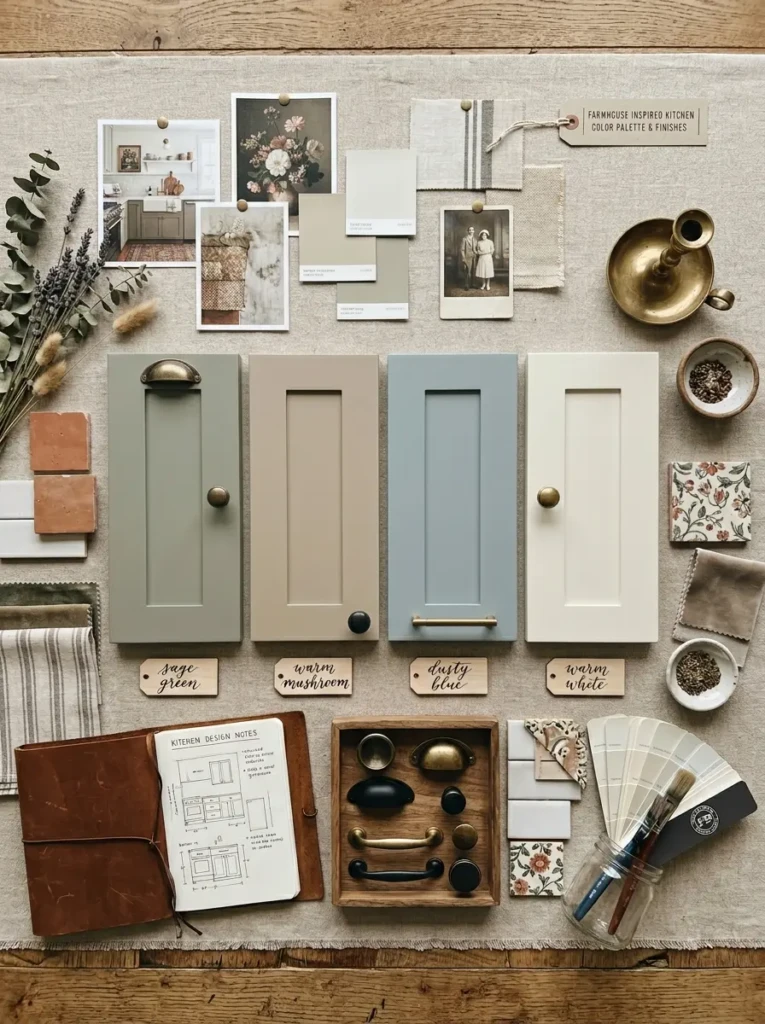 Farmhouse cabinet mood board featuring slim shaker doors in white, sage, dusty blue, and mushroom tones.